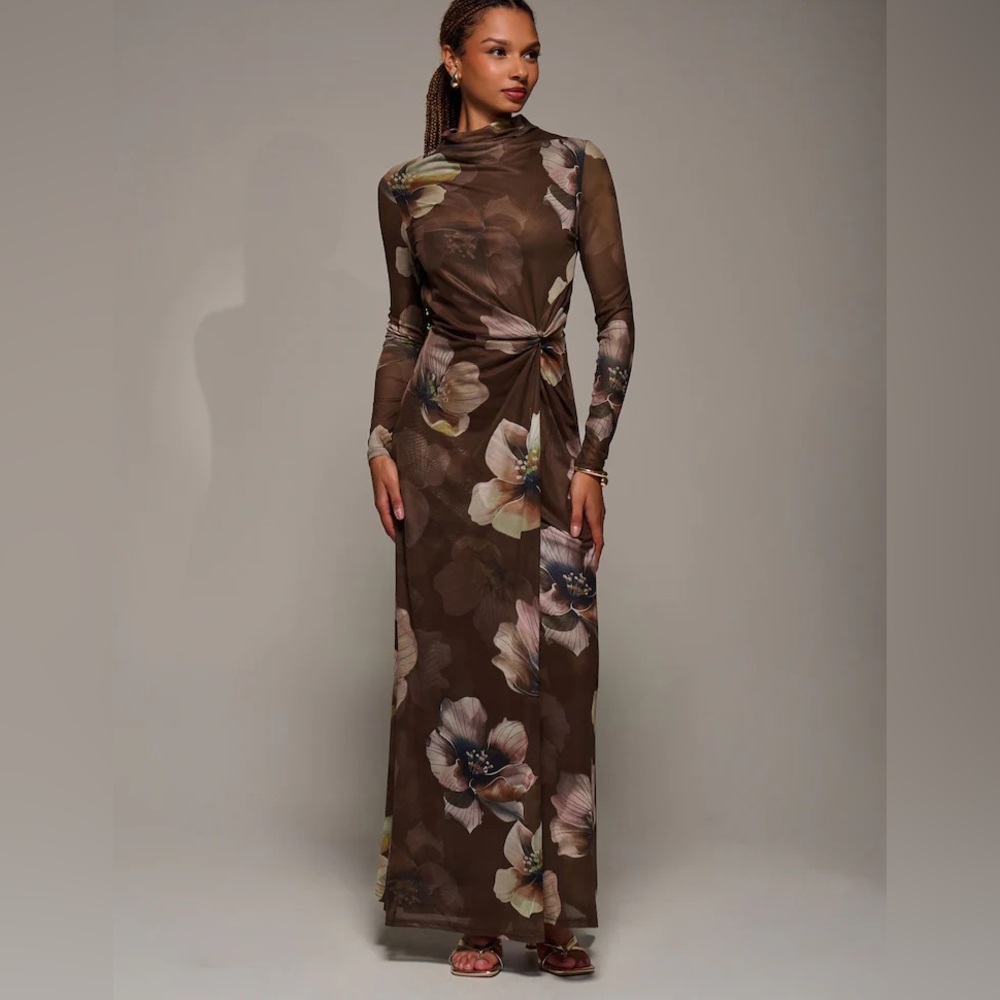 Jolie Moi Brown High Neck Long Sleeve Mesh Maxi Dress - Picture 7 of 9